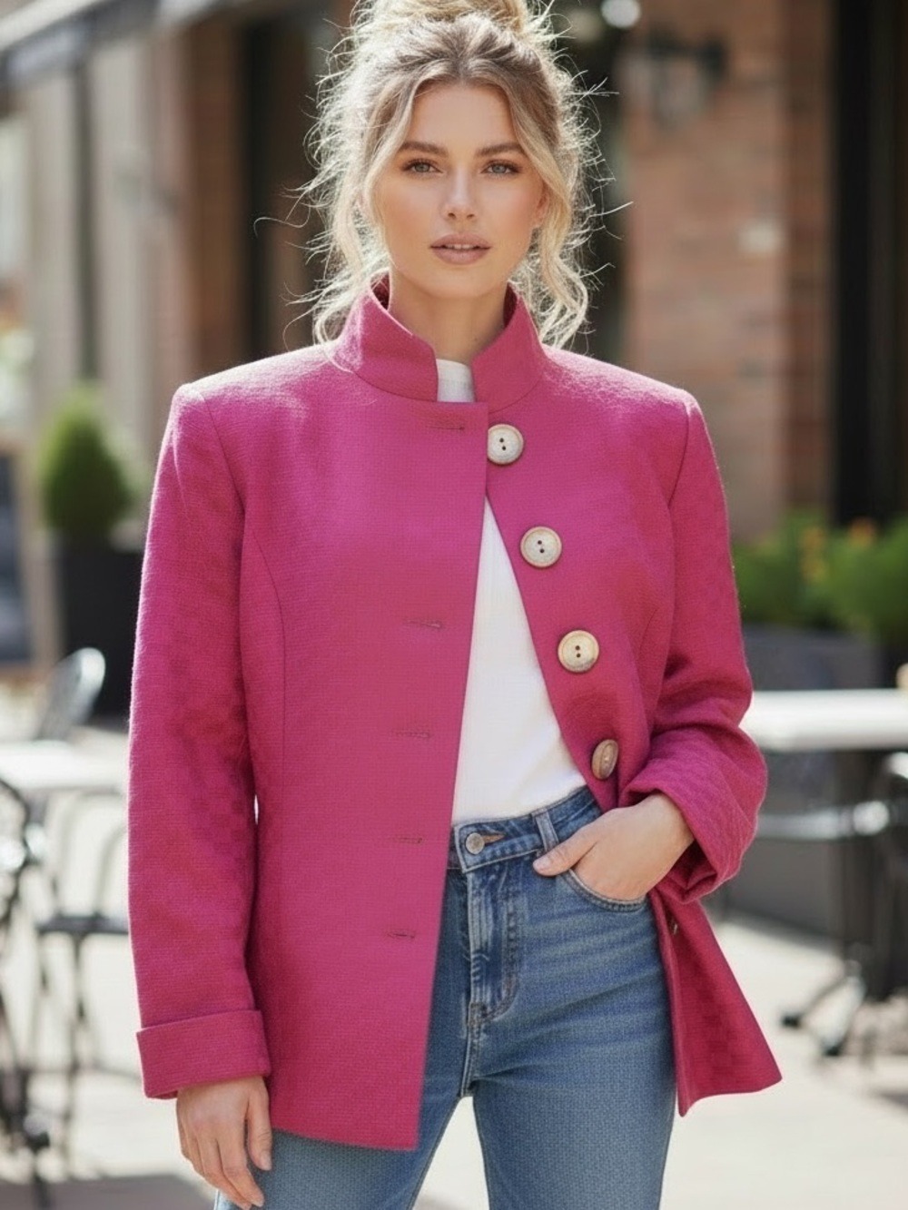 90s NINA MCLEMORE PINK TONE ON TONE TEXTURED CHECK DESIGN OVERSIZED JACKET SZ 2